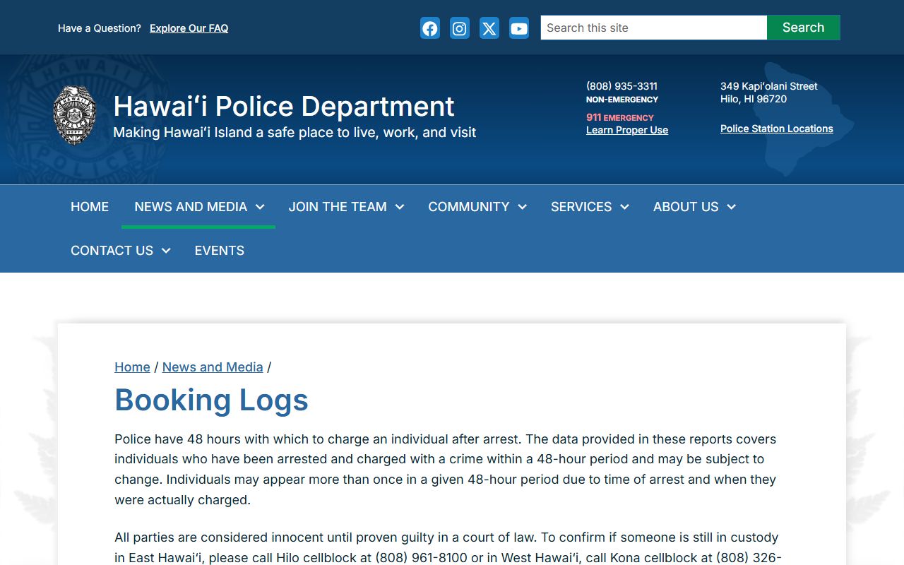 Hawaii Police Department booking logs for police records and arrest information in Ewa Gentry