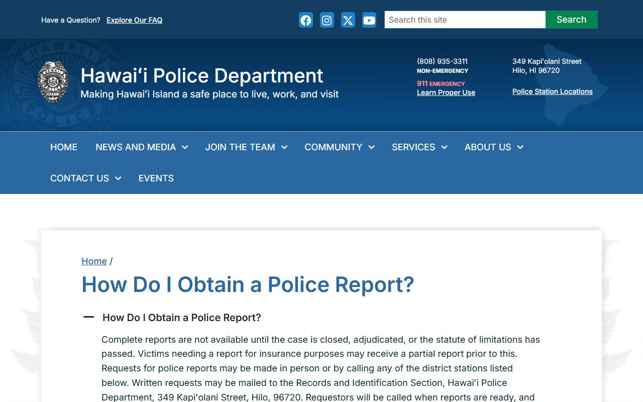 Hawaii Police Department guide on how to obtain a police report relevant to Ewa Gentry police records