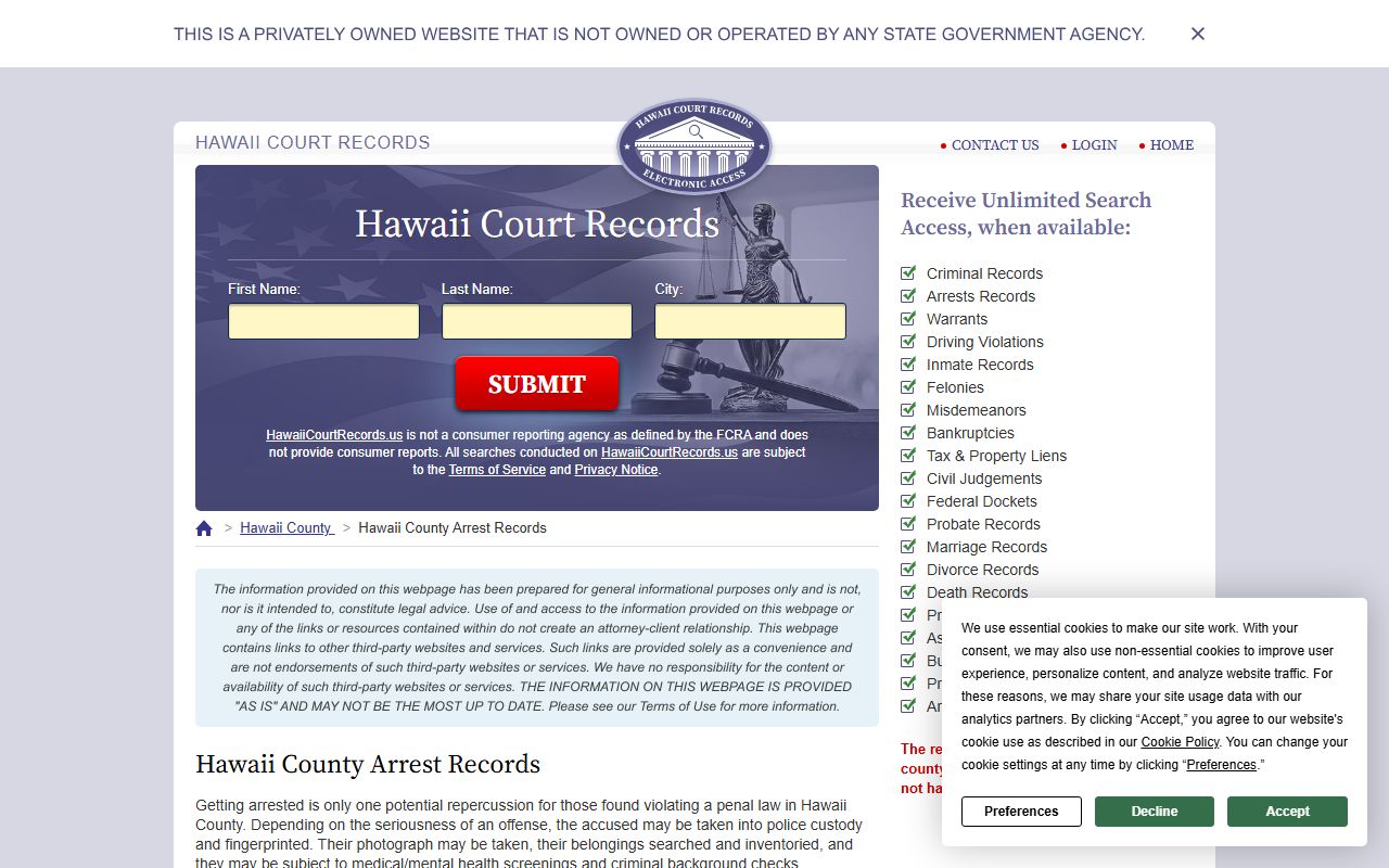 Hawaii Criminal Justice Data Center for Kapolei arrest records and police records