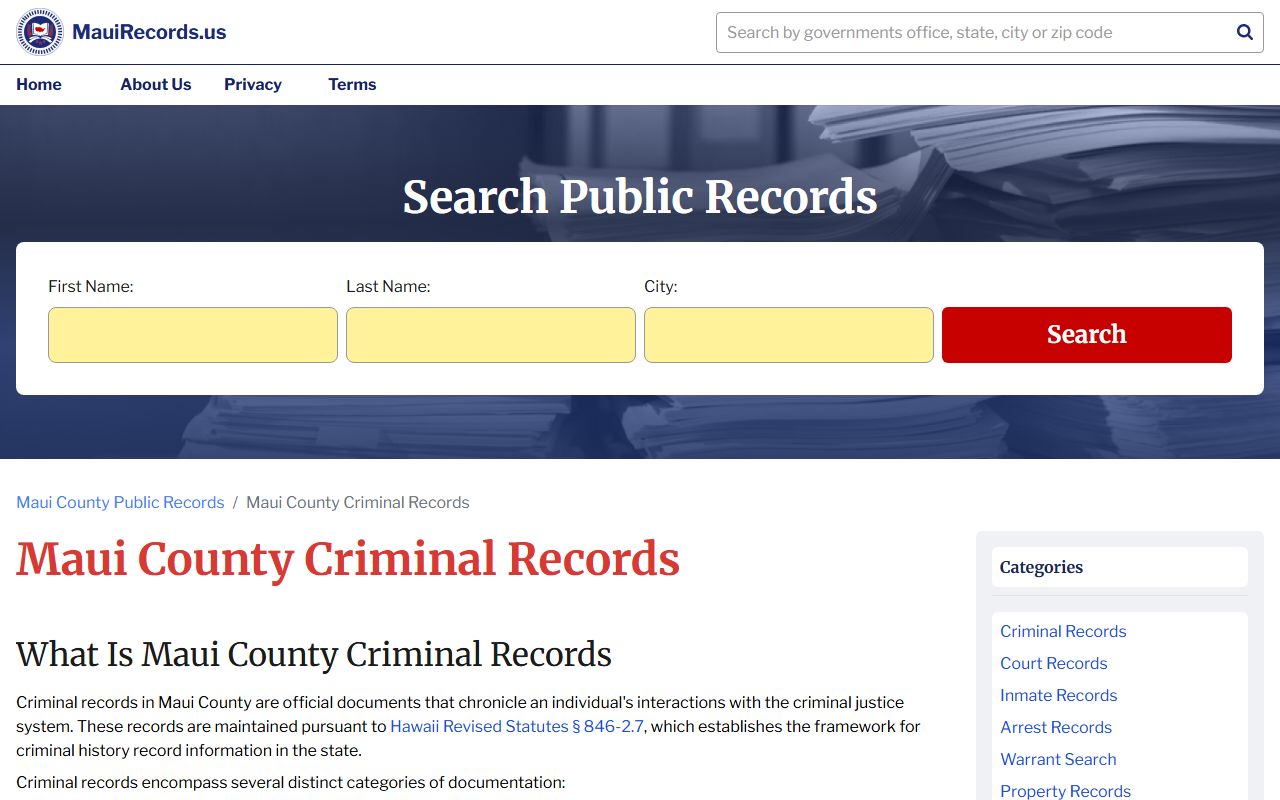 Hawaii criminal history record check page for Mililani Town police records