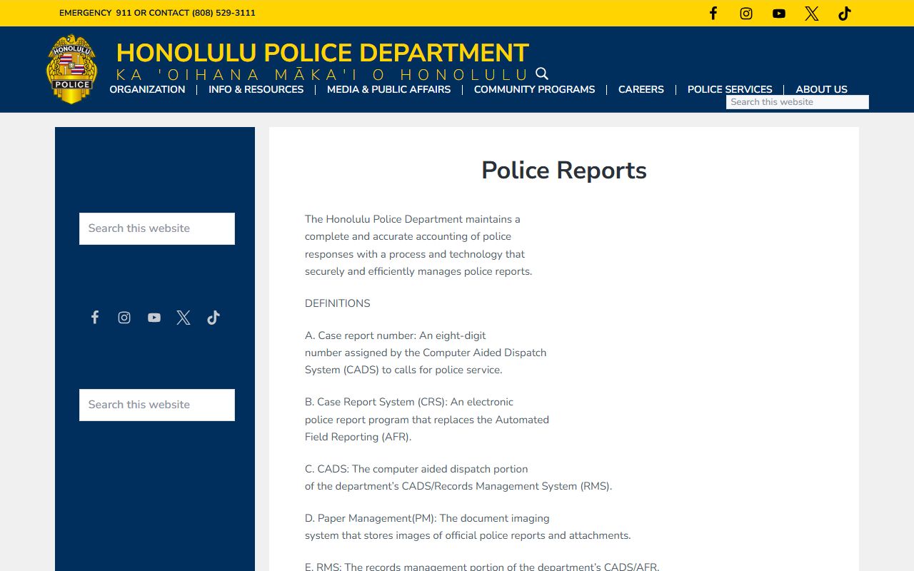 HPD police reports policy page for Royal Kunia police records requests