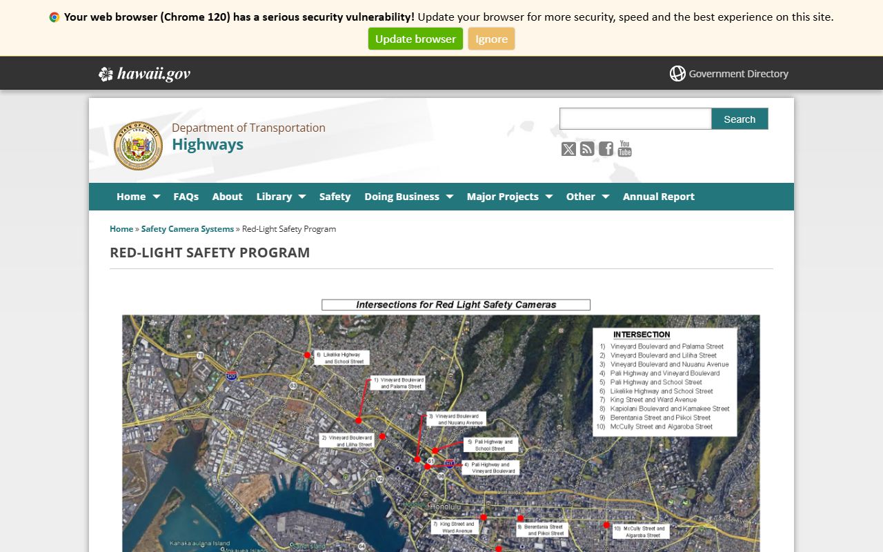 Hawaii DOT red light safety program associated with Wahiawa police records enforcement
