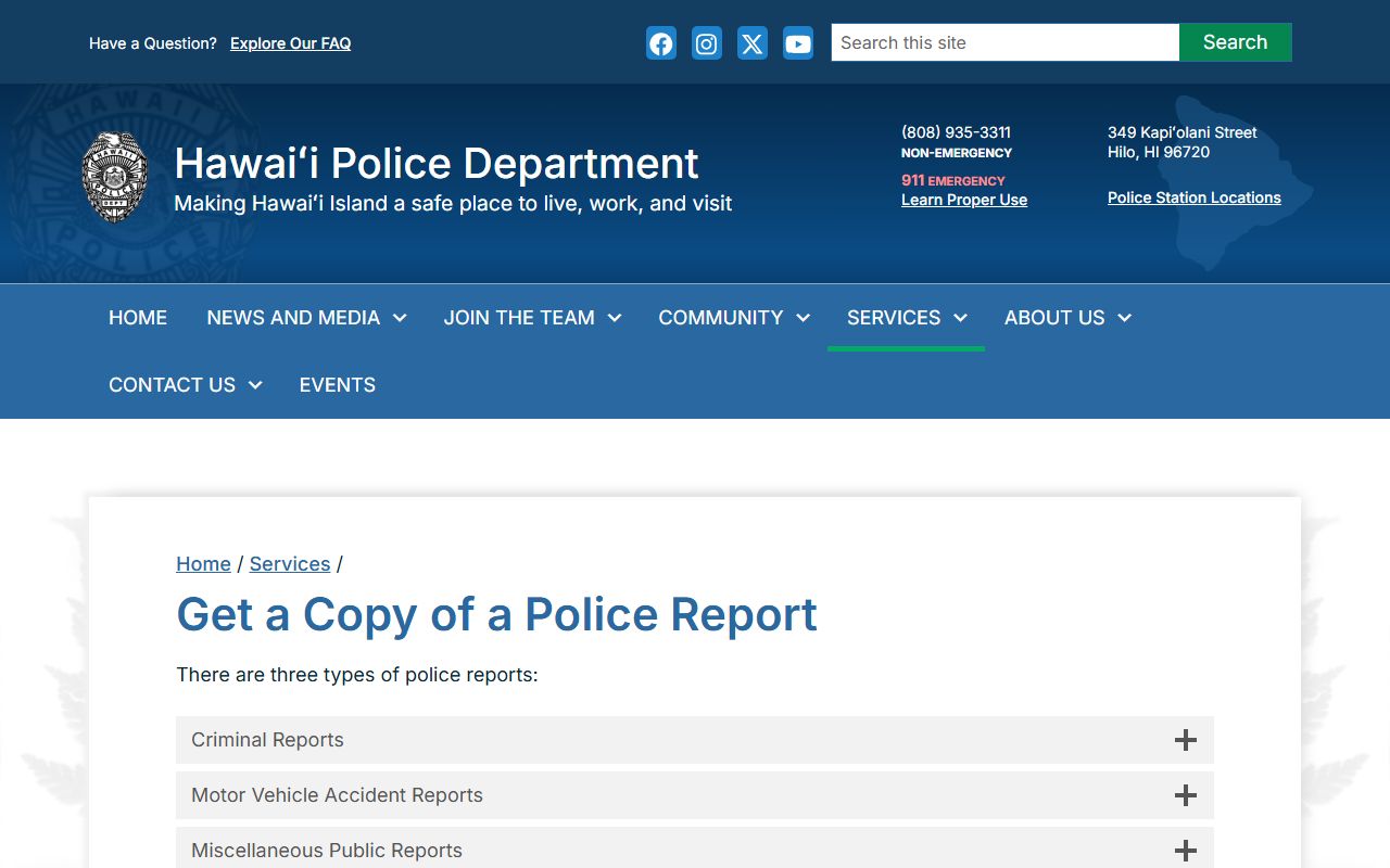 Hawaii County Police get a police report page for Hilo records requests