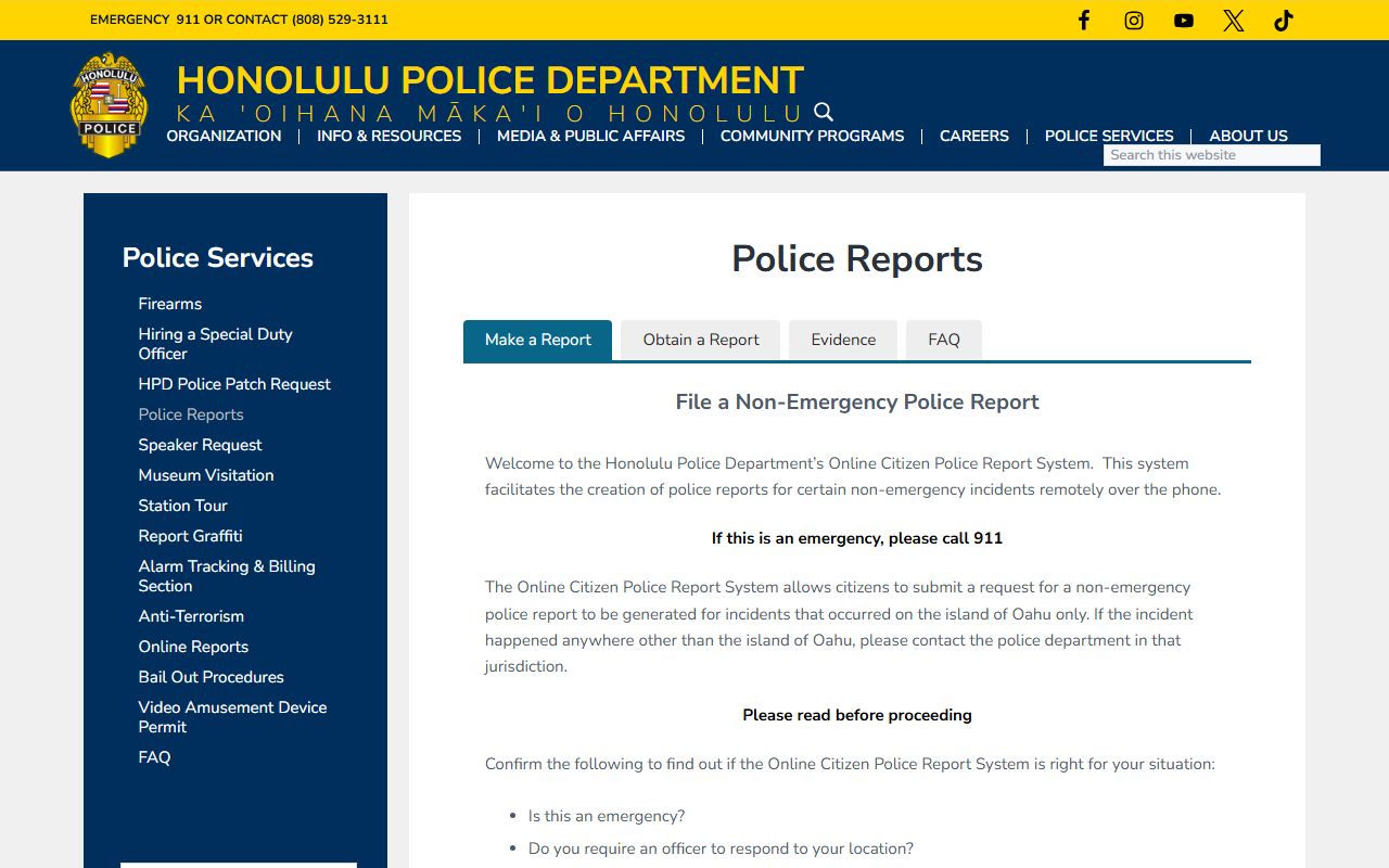Honolulu Police Department police reports page for Honolulu County records requests