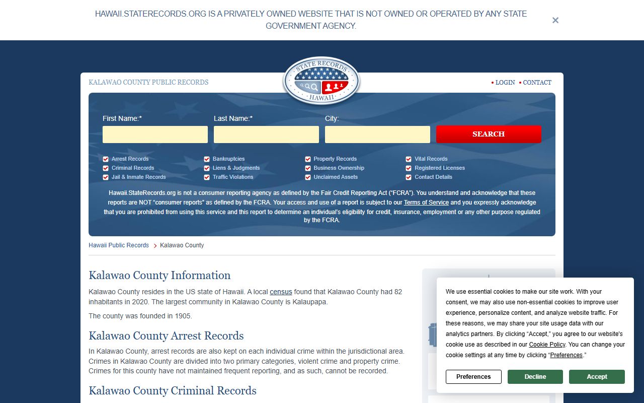 Kalawao County state records and criminal history through HCJDC