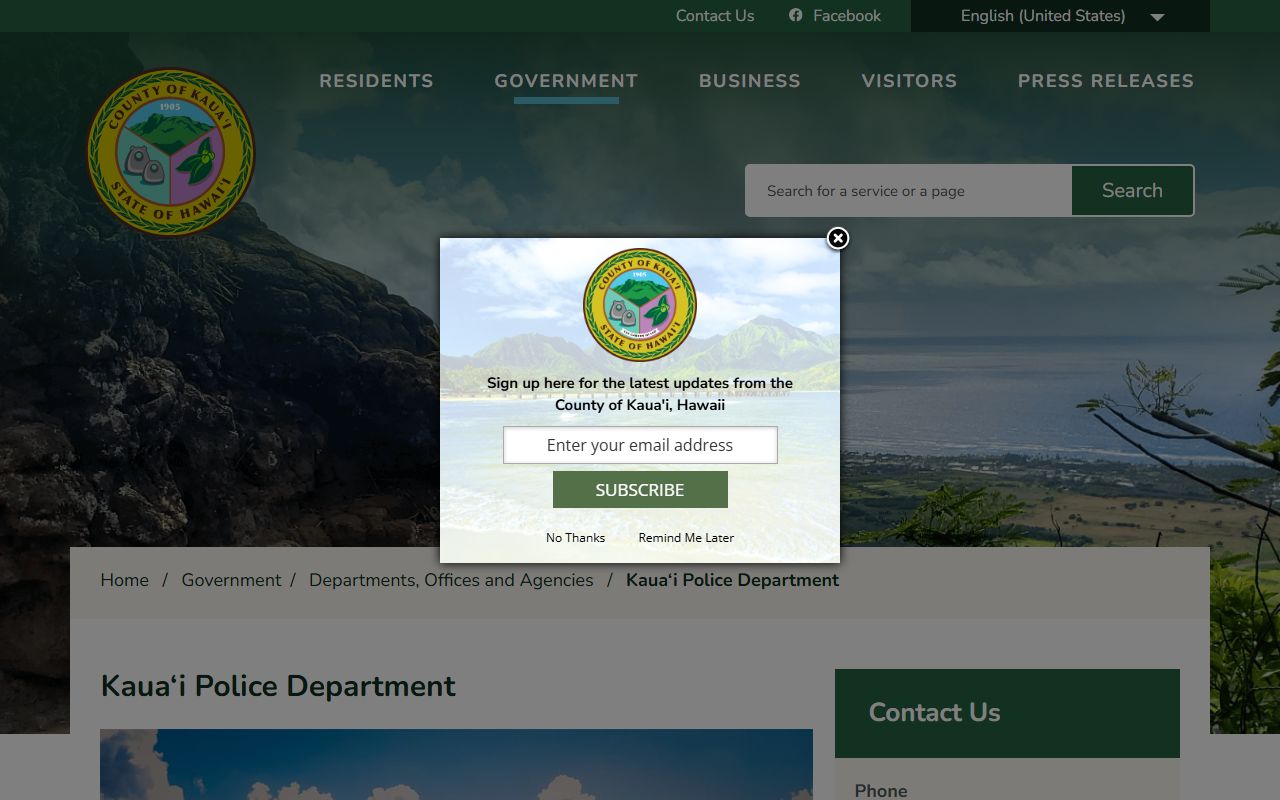 Kauai County Police Department official page for Kauai police records