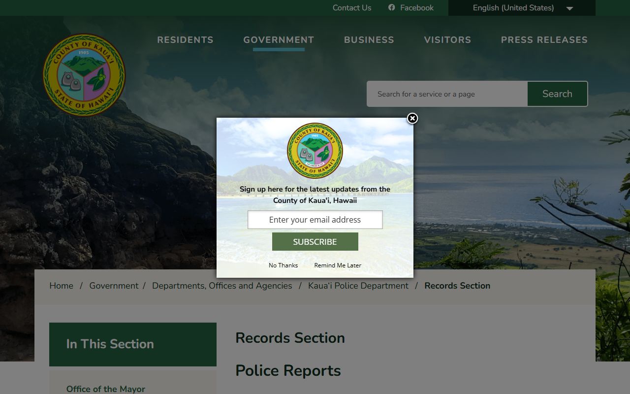 Kauai County Police Department Records Section for police records requests