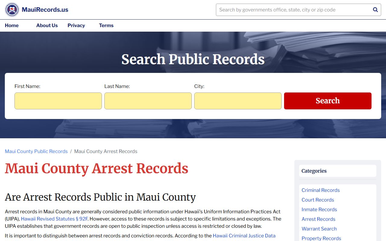 Maui County Police Department police records and arrest information