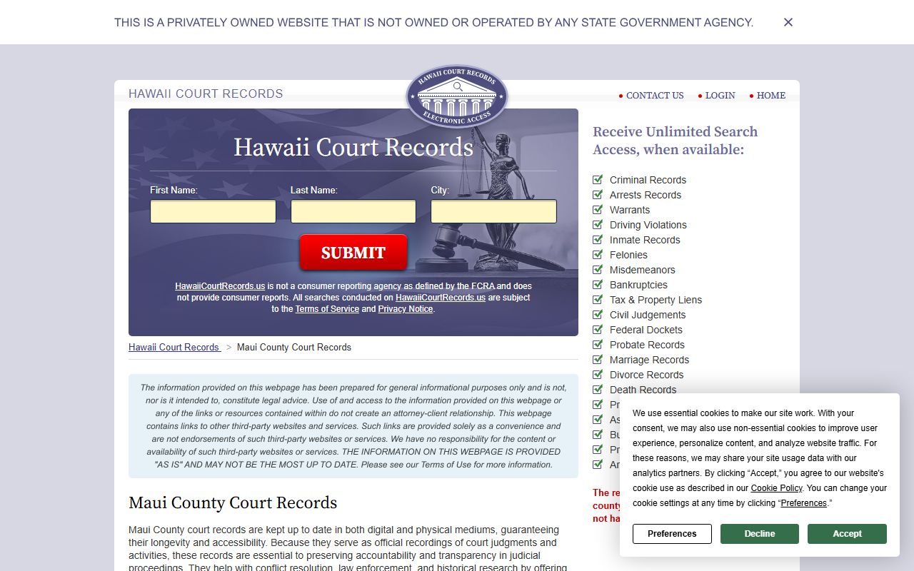 Maui County Second Circuit Court for police and criminal records