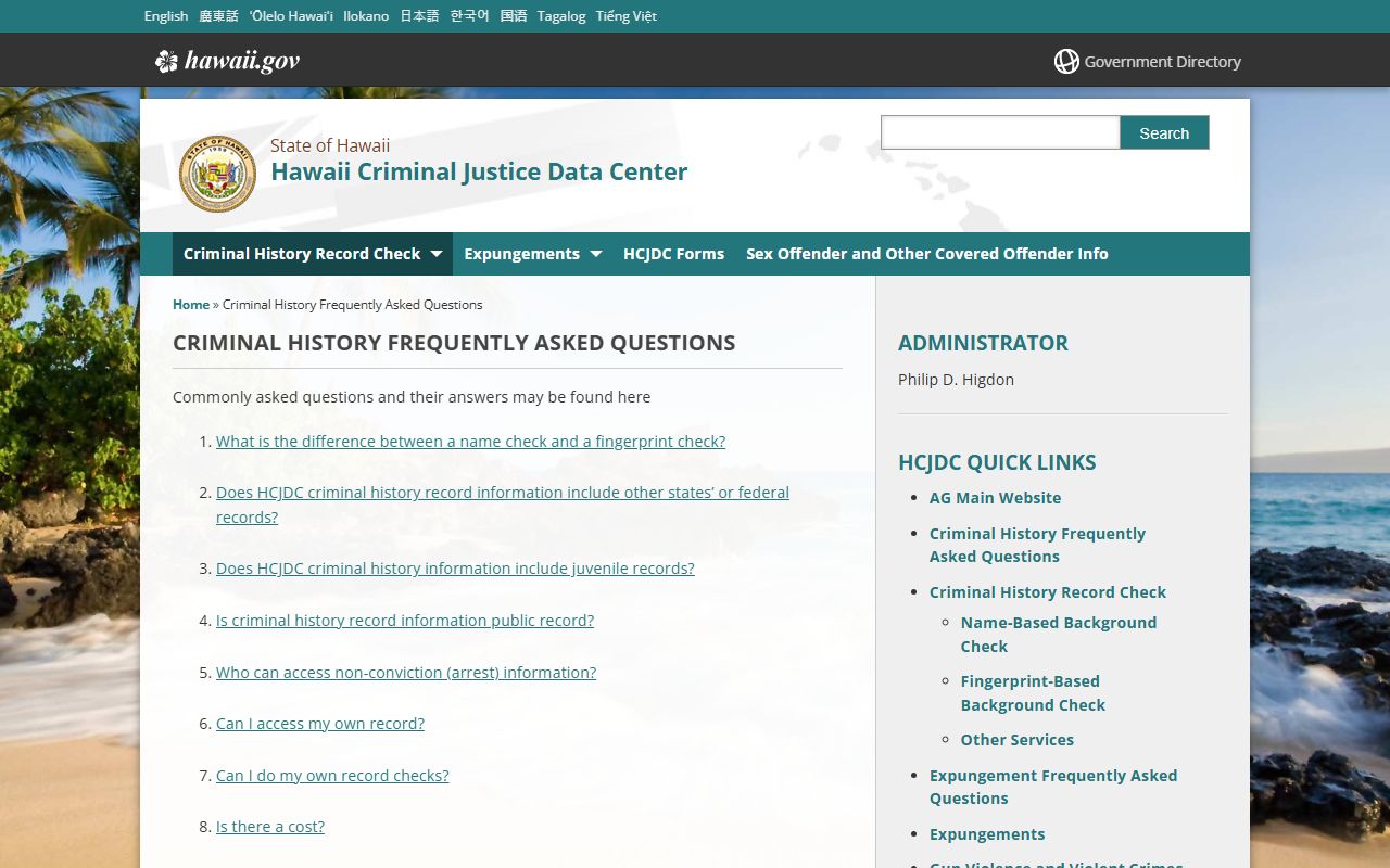 Hawaii Criminal Justice Data Center FAQ for police and criminal records